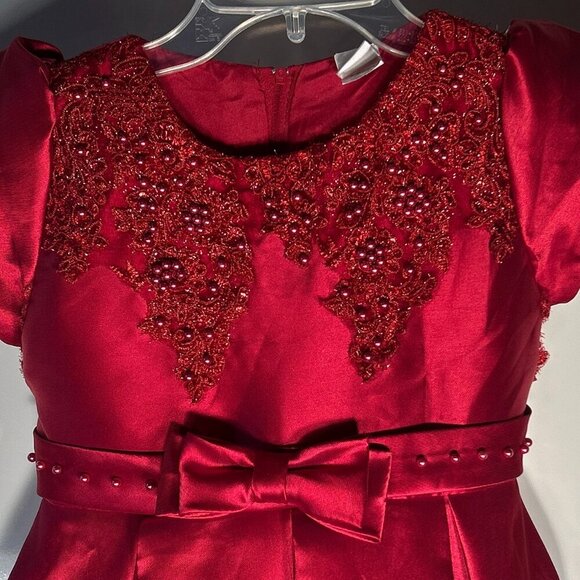 Mia Belle Girls SZ 7/8YR Red Special Occasion Dress Satin Beaded Formal Holiday - Picture 2 of 9